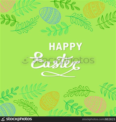 Happy Easter greeting card with floral elements, branches and drawing eggs on green grass background, stock vector illustration