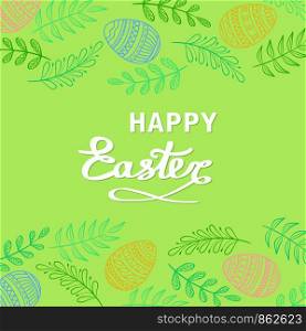 Happy Easter greeting card with floral elements, branches and drawing eggs on green grass background, stock vector illustration