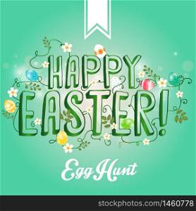 Happy Easter greeting card with flowers eggs.Vector