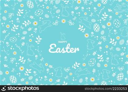 Happy Easter greeting card with hand drawn flowers,easter eggs and rabbits on blue background,vector illustration