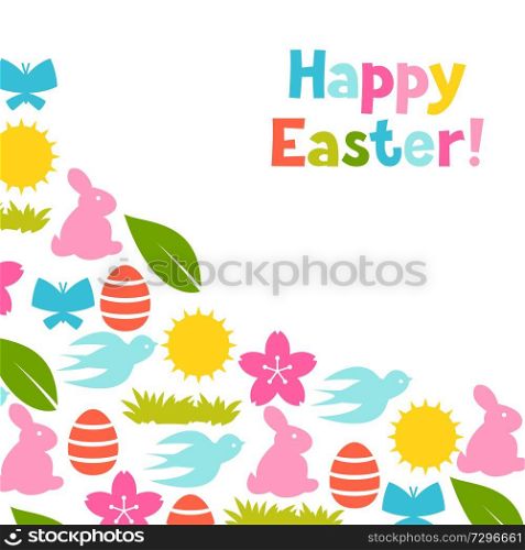Happy Easter greeting card with holiday items. Background can be used for invitations and posters.. Happy Easter greeting card with holiday items.