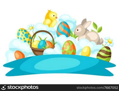 Happy Easter greeting card with holiday items. Decorative symbols and objects.. Happy Easter greeting card with holiday items.