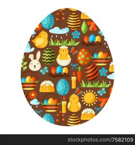 Happy Easter greeting card with holiday items. Decorative symbols and objects, eggs, bunnies.. Happy Easter greeting card with holiday items.