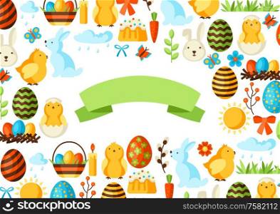 Happy Easter greeting card with holiday items. Decorative symbols and objects, eggs, bunnies.. Happy Easter greeting card with holiday items.