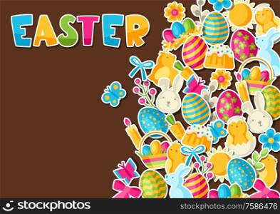 Happy Easter greeting card with holiday stickers. Decorative symbols and objects, eggs, bunnies.. Happy Easter greeting card with holiday stickers.