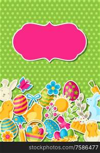 Happy Easter greeting card with holiday stickers. Decorative symbols and objects, eggs, bunnies.. Happy Easter greeting card with holiday stickers.