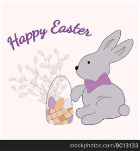 Happy easter greeting card with rabbit, bunny, willow branches, eggs in bascket. Vector illustration. Design for card, poster, coves, postcards, scrapbooking, textile, craft paper, notebook, fabric.. Happy easter greeting card with rabbit, bunny, willow branches, eggs in bascket. Vector illustration