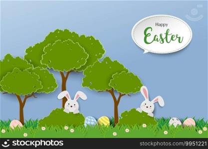 Happy Easter greeting card with rabbits hide in grass on paper cut style,vector illustration
