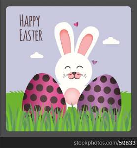 Happy Easter greeting card with two eggs and bunny