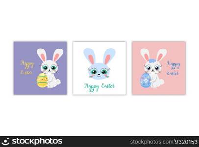 Happy Easter greeting cards set. Cute cartoon Bunny sitting and holding colorful dyed egg. Collection of square Easter cards. Vector flat illustration.. Happy Easter greeting cards set. Cute cartoon Bunny sitting and holding colorful dyed egg. Collection of square Easter cards. Vector flat illustration