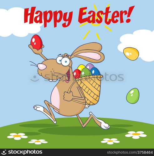 Happy Easter Greeting From Rabbit Running With A Basket And Egg