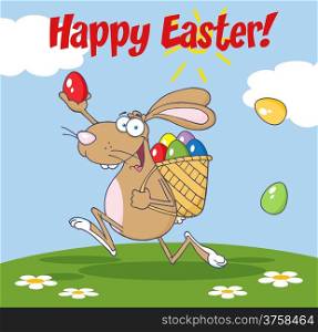 Happy Easter Greeting From Rabbit Running With A Basket And Egg