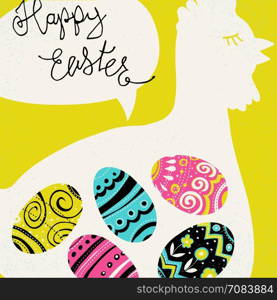 "Happy Easter greetings. Bright eggs and chicken silhouette with speech balloon and calligraphy text "Happy Easter". Retro styled, bright colors illustration."