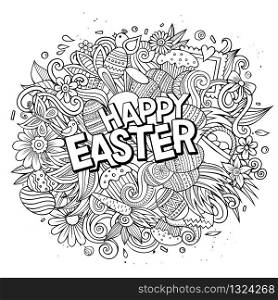 Happy Easter hand drawn cartoon doodles illustration. Funny holiday design. Creative art vector background. Handwritten text with nature elements and objects. Sketchy composition. Happy Easter hand drawn cartoon doodles illustration.