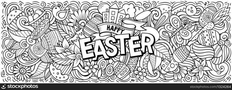 Happy Easter hand drawn cartoon doodles illustration. Holiday funny objects and elements poster design. Creative art background. Sketchy vector banner. Happy Easter hand drawn cartoon doodles illustration.