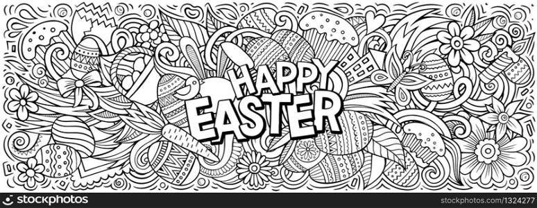 Happy Easter hand drawn cartoon doodles illustration. Holiday funny objects and elements poster design. Creative art background. Sketchy vector banner. Happy Easter hand drawn cartoon doodles illustration.