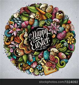 Happy Easter hand drawn vector doodles illustration. Holiday elements and objects cartoon background. Color funny picture. All items are separated. Happy Easter hand drawn vector doodles illustration. Color funny picture.