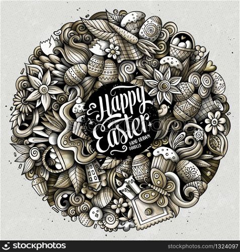 Happy Easter hand drawn vector doodles illustration. Holiday elements and objects cartoon background. Monochrome funny picture. All items are separated. Happy Easter hand drawn vector doodles illustration. Color funny picture.