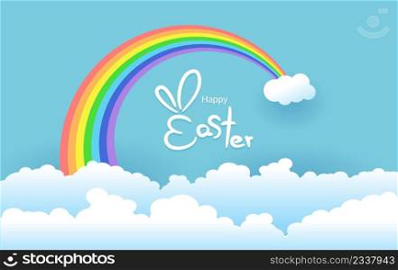 Happy Easter hand lettering with Rainbow and clouds background, paper art style.