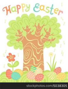 Happy Easter holiday card with a tree and painted eggs.. Happy Easter holiday card with a tree and painted eggs. Vector illustration.