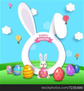 Happy Easter holiday design with rabbit frame and painted eggs on nature background.