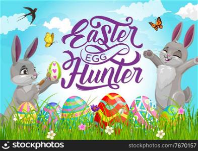 Happy Easter holiday egg hunt poster with cartoon vector bunnies painting eggs and playing on field with green grass, flowers, butterflies and swallow. Happy Easter greeting card with cute rabbits. Happy Easter holiday egg hunt with cartoon bunnies