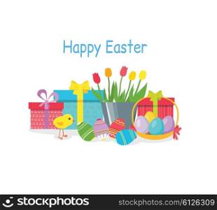 Happy easter holiday gift. Easter egg, spring easter basket, holiday card easter chicken, celebration easter, traditional celebrate easter vector illustration