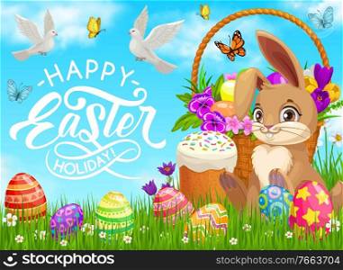 Happy Easter holiday vector poster. Bunny near basket with flowers, painted eggs and cake on green lawn with flying butterflies and doves. Cartoon pottle and rabbit on field. Happy Easter holiday gift. Happy Easter holiday poster with bunny and basket