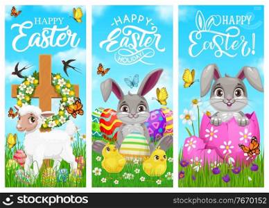 Happy Easter holiday, vector rabbits, chicks and white sheep with decorated eggs and cross on field, bunny sit in egg. Greeting cards with cute cartoon animals on green meadow. Easter hunt banners. Happy Easter holiday, rabbits, chicks and sheep