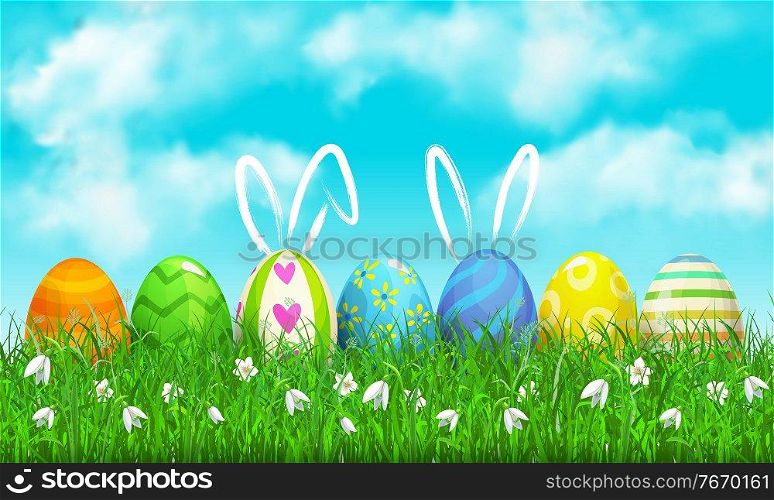 Happy Easter holidays, decorated vector eggs with hand drawn rabbit ears on green grass under blue cloudy sky. Eggs hunting on lawn with cartoon flowers, Easter games on green field with grass blades. Happy Easter holidays with grass, eggs rabbit ears