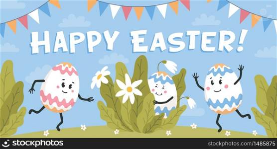 Happy easter horizontal banner or cover. Colored eggs with cute faces dancing on a green lawn. Easter eggs friends with funny faces. Egg hunt. Flat style vector illustration. Happy easter greeting card. Colored eggs with cute faces dancing on a green lawn. Easter eggs friends with funny faces. Egg hunt. Flat style vector illustration.