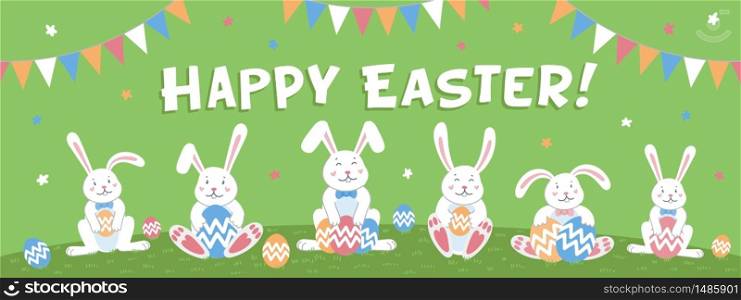 Happy easter horizontal banner or cover. Easter cartoon bunnies with eggs and happy easter inscription on green background. Flat style vector illustration.. Happy easter horizontal banner or cover. Easter cartoon bunnies with eggs and happy easter inscription on green background. Flat style vector illustration