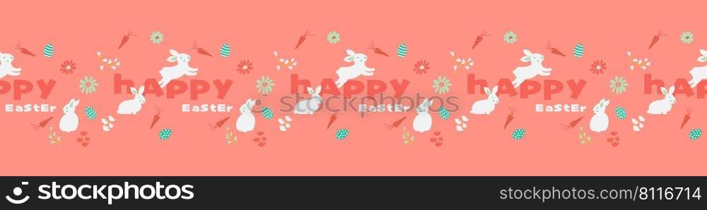 Happy Easter horizontal seamless border pattern, cute bunny easter egg, small flowers and sweet carrot