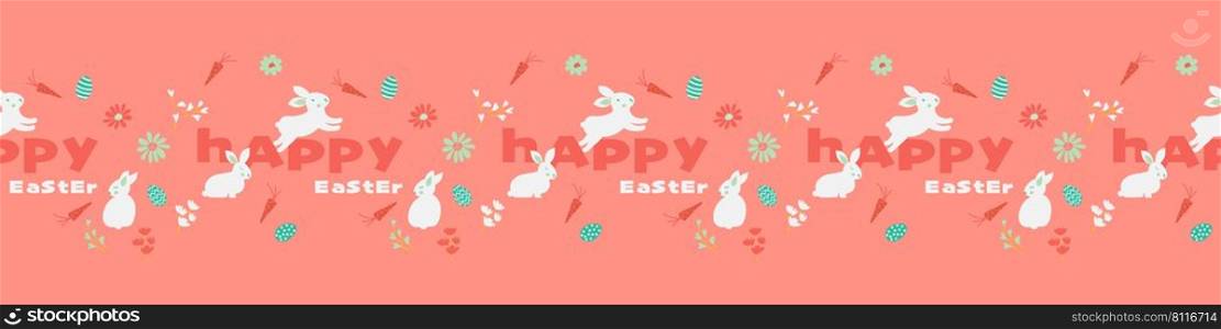 Happy Easter horizontal seamless border pattern, cute bunny easter egg, small flowers and sweet carrot