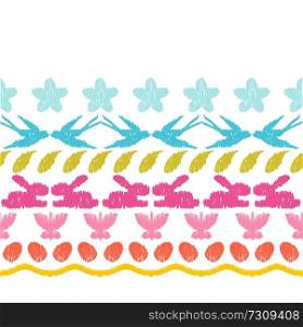 Happy Easter ikat seamless pattern. Ornament texture with holiday items. Mengikat textile.. Happy Easter ikat seamless pattern.