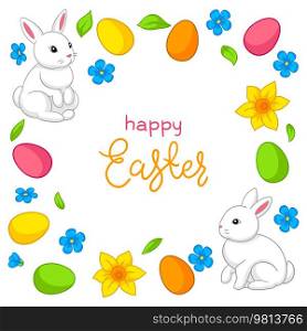 Happy Easter illustration. Cute cartoon bunnies, eggs and flowers for traditional celebration.. Happy Easter illustration. Cute bunnies, eggs and flowers for traditional celebration.