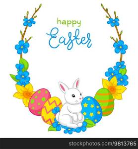 Happy Easter illustration. Cute cartoon bunny, eggs and flowers for traditional celebration.. Happy Easter illustration. Cute bunny, eggs and flowers for traditional celebration.