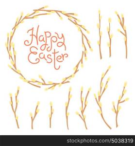 Happy Easter inscription, wreath and set of willow twigs.. Happy Easter inscription, wreath and set of willow twigs. Vector illustration.