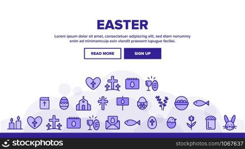 Happy Easter Landing Web Page Header Banner Template Vector. Egg And Bunny, Church And Tulip Celebrity Easter Details Illustration. Happy Easter Landing Header Vector