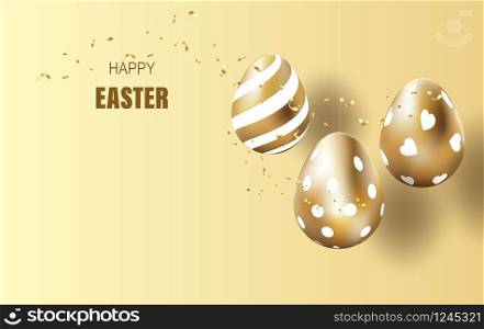 Happy Easter lettering background.Eggs realistic golden shine decorated sale banner,Creative graphic brochure.Vector illustration greeting card.Promotion for poster. web-banner element wallpaper EPS10