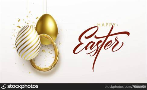 Happy Easter lettering background with 3D realistic golden glitter decorated eggs, confetti. Vector illustration EPS10. Happy Easter lettering background with 3D realistic golden glitter decorated eggs, confetti. Vector illustration