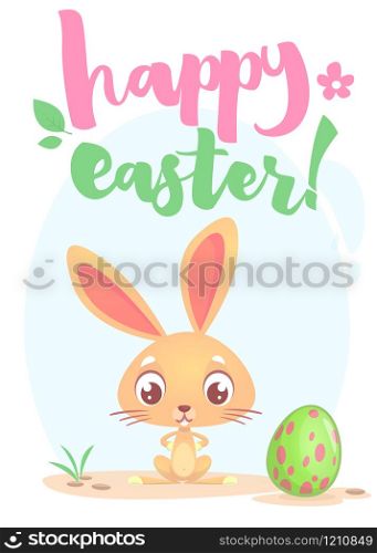 Happy Easter lettering card with cartoon bunny rabbit. Hand drawn lettering poster for Easter. Modern calligraphy vector