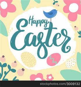 Happy Easter. Lettering phrase with flowers decoration. Design element for poster, card, banner. Vector illustration