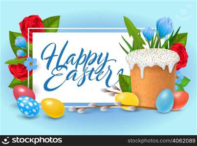 Happy Easter lettering. Religious celebration inscription with colorful eggs and Easter cake. Handwritten text, calligraphy. Can be used for greeting cards, posters and leaflets