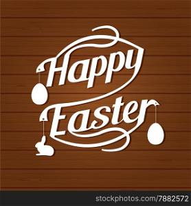 Happy easter lettering. White letters text on dark brown wood background