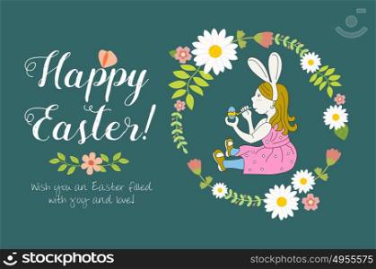 Happy Easter! Little girl dressed as rabbit paints Easter eggs. Vintage card with wishes. Vector illustration.