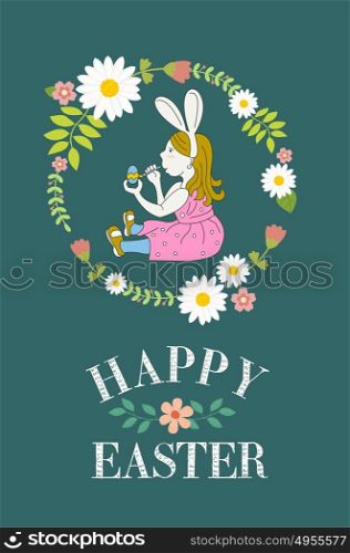 Happy Easter! Little girl dressed as rabbit paints Easter eggs. Wintaka card. Vector illustration.