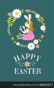 Happy Easter! Little girl dressed as rabbit paints Easter eggs. Wintaka card. Vector illustration.