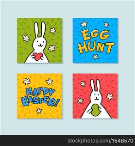 Happy Easter mini greeting cards. Egg hunt and happy easter inscriptions, and cute bunnies on color. background. Vector illustration. Happy Easter mini greeting cards. Egg hunt and happy easter inscriptions, and cute bunnies on color. background. Vector illustration.