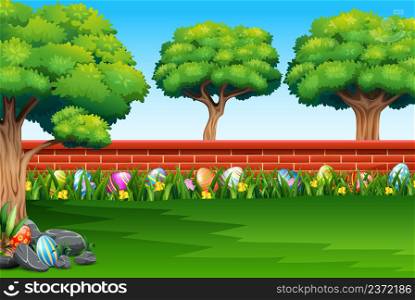 Happy easter on the nature with a brick fence background